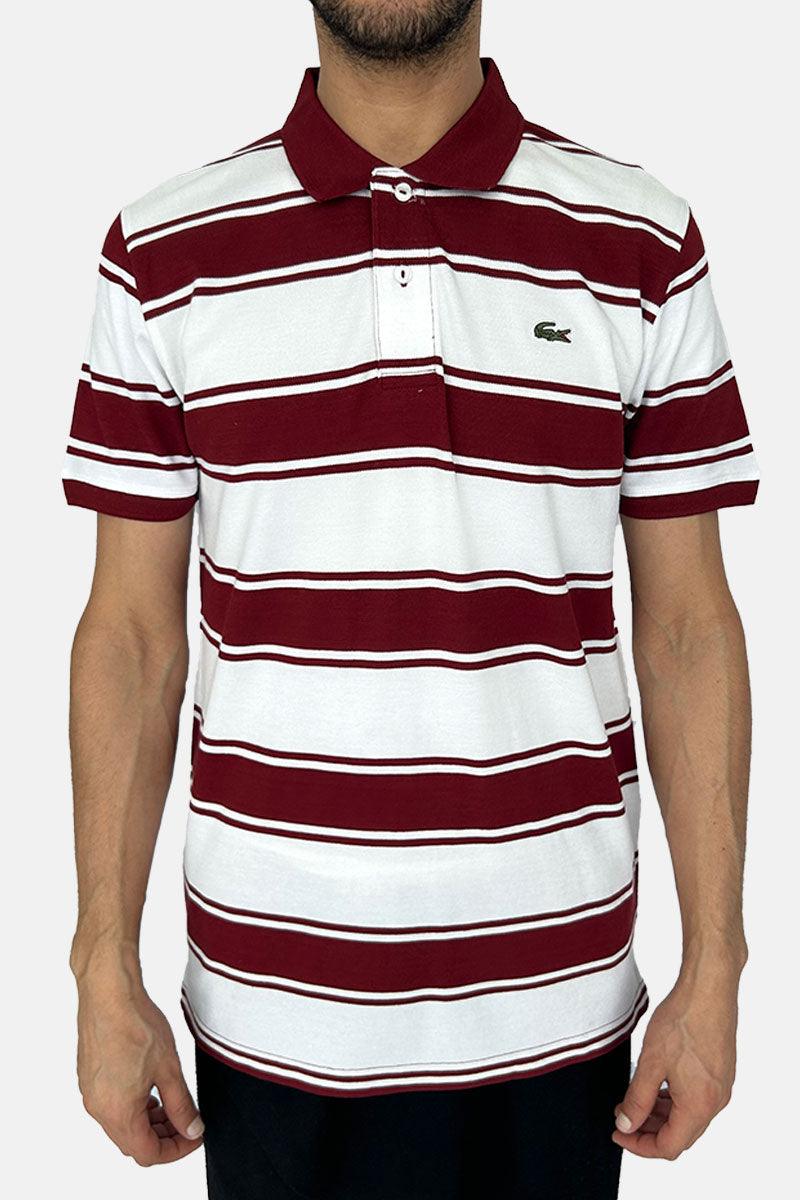 LACOSTE MAROON WHITE STRIPE POLO T-SHIRT