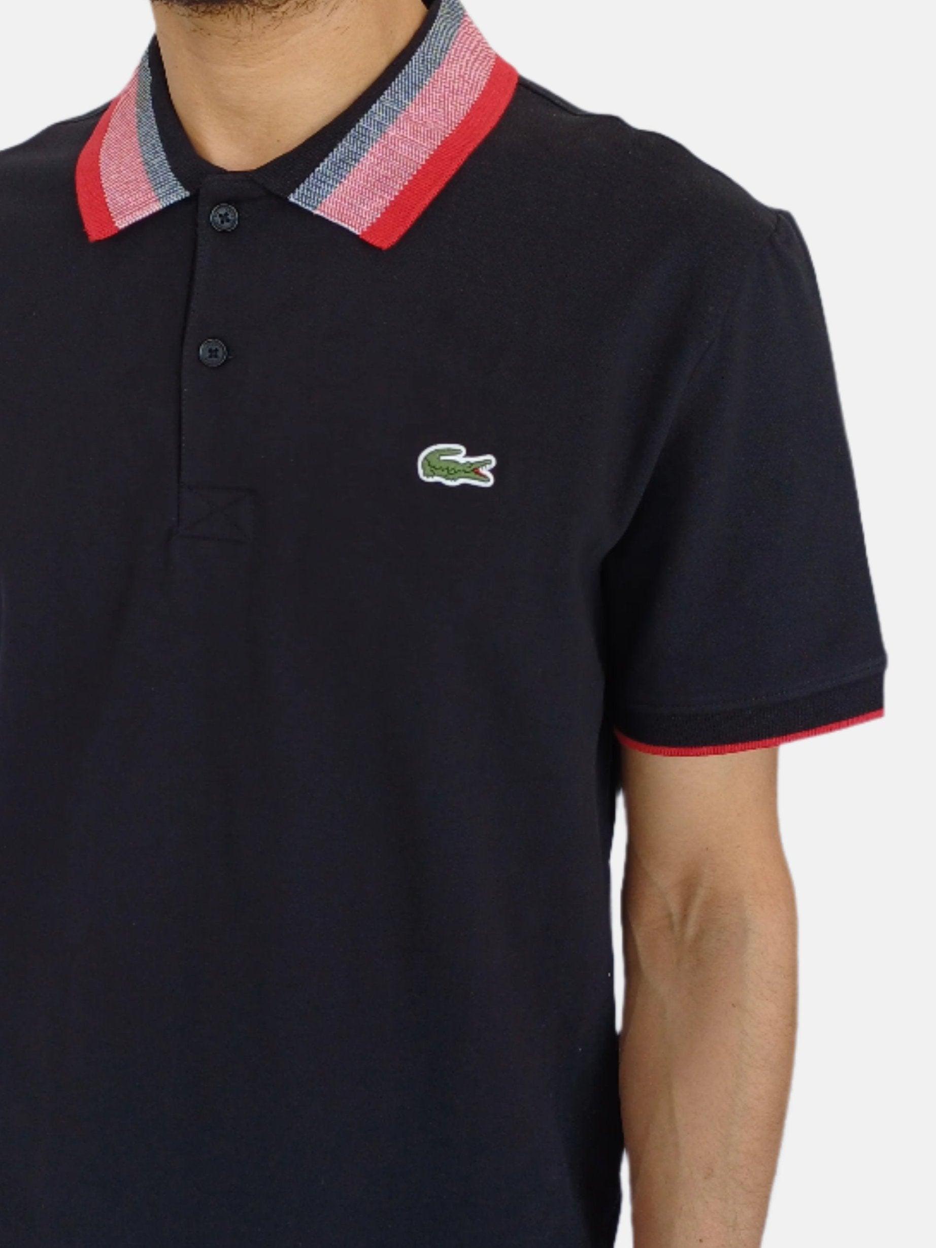 Polo Lacoste noir pour homme avec col à rayures rouges et blanches