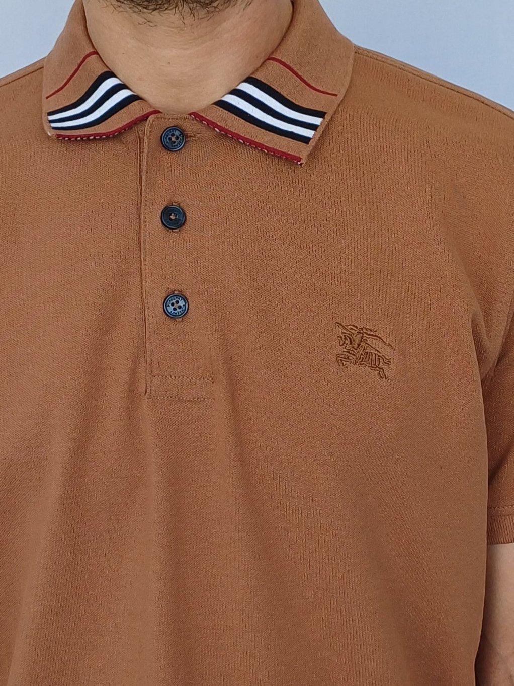 Brown Burberry  Collar Front Strip Design Men Polo T-shirt