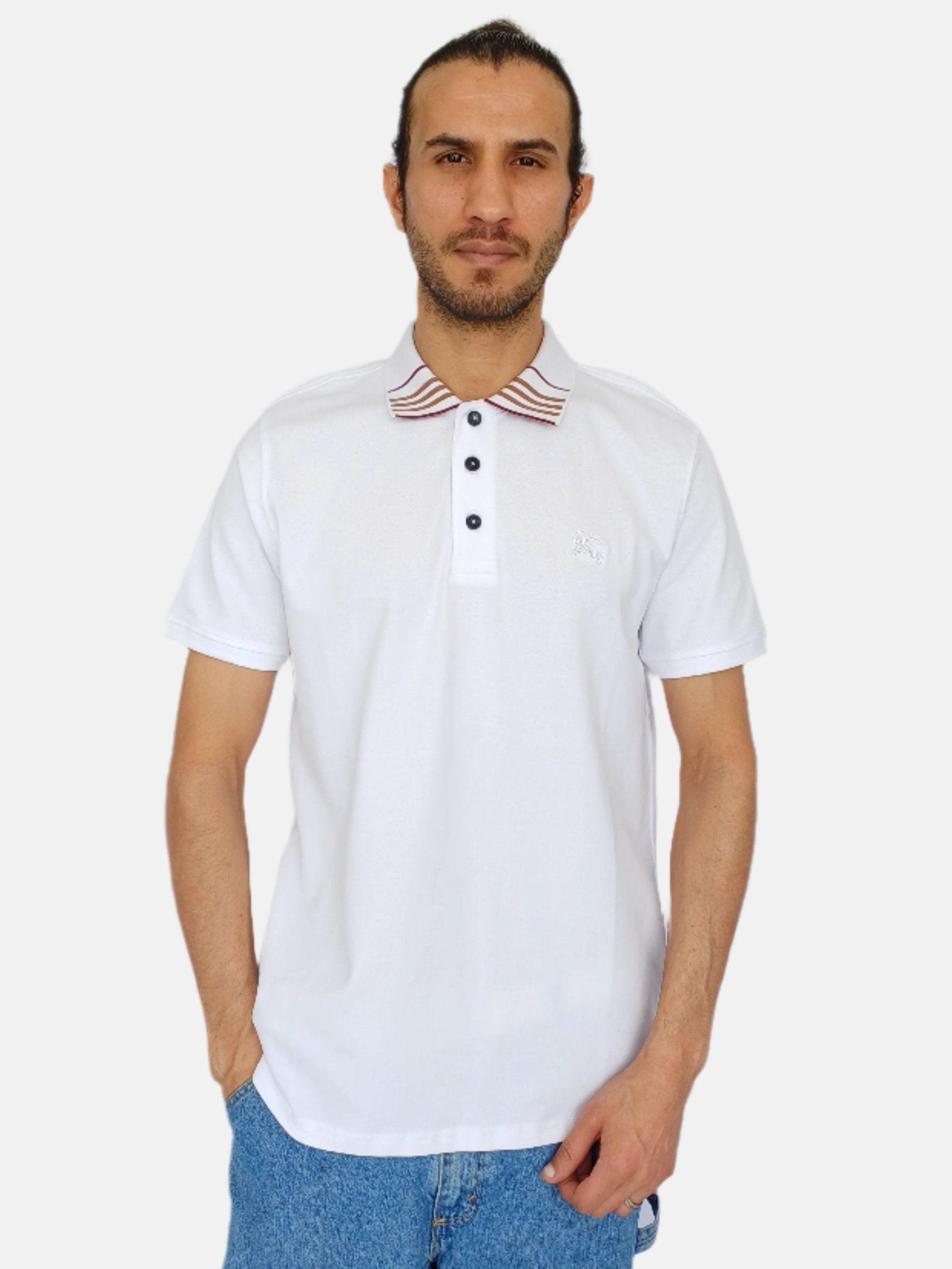 BURBERRY White Collar Front Strip Design Men Polo T-shirt