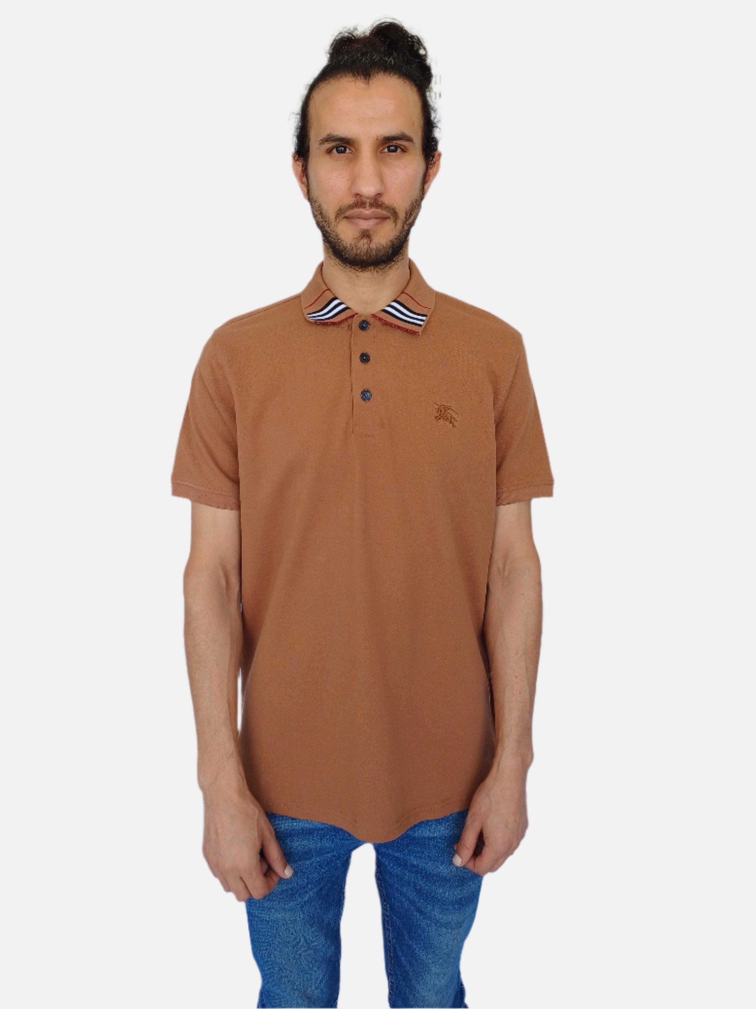 Brown Burberry  Collar Front Strip Design Men Polo T-shirt