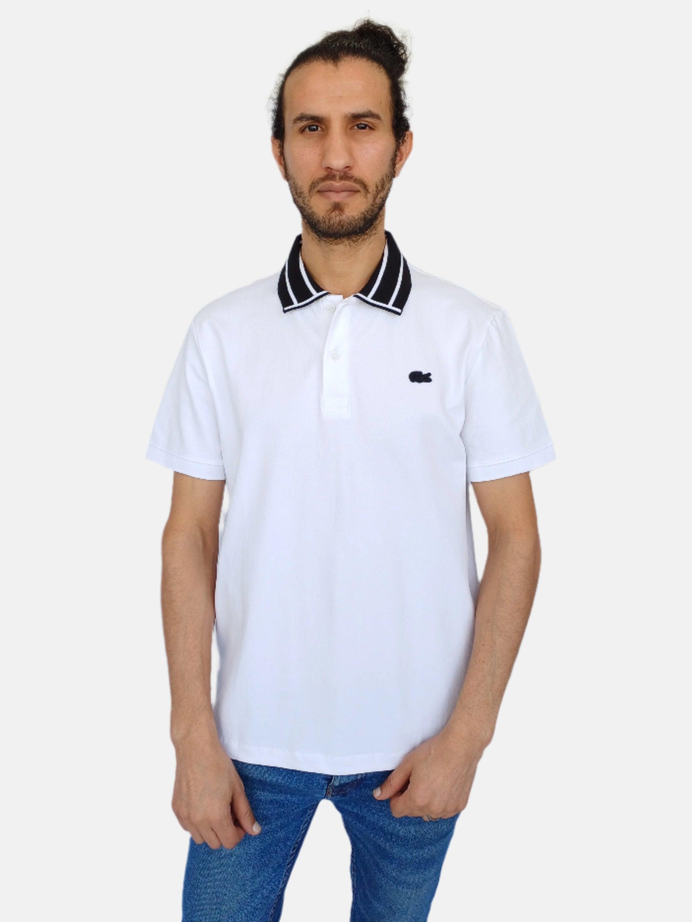 T-shirt polo blanc Lacoste pour homme avec col à rayures noires et blanches